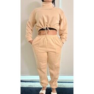 Women's Cropped Turtleneck Sweatshirt & Jogger Set Size L Tan 2 Piece
